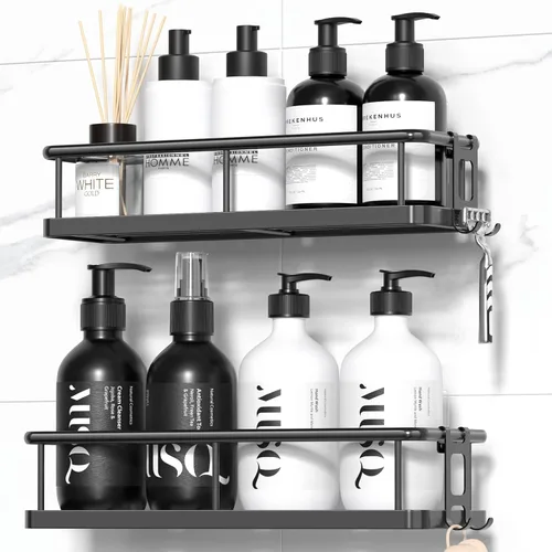 YASONIC Organizador de ducha adhesivo, estantes de ducha a prueba de óxido para ducha interior, organizadores de baño de gran capacidad y Negro