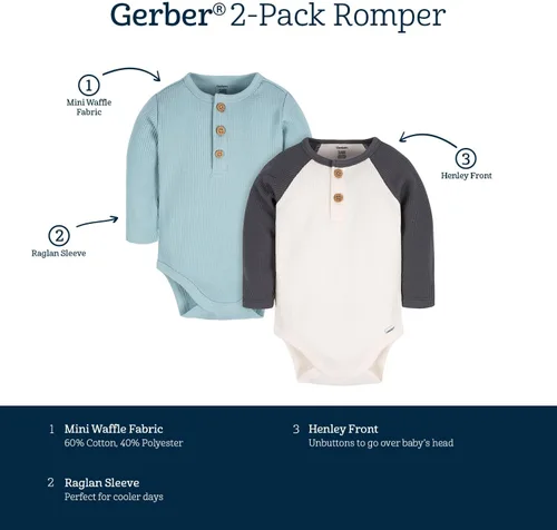 Miniatura 6 de Gerber Mamelucos Henley de manga larga para bebé (2 unidades)