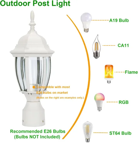 Miniatura 4 de LIT-PaTH Farol de poste de iluminación para exteriores, base mediana E26 máx. 60 W, carcasa de aluminio más vidrio, acabado blanco mate, paquete de 1