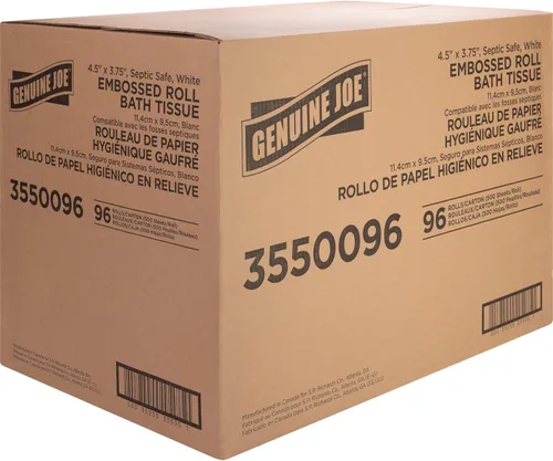 Miniatura 4 de Genuine Joe papel higiénico con relieve, 2 capas, seguro para fosas sépticas, envuelto individualmente, 4.5" x 3.75", 500 hojas/rollo, 96