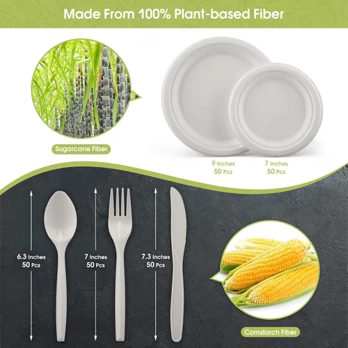 Miniatura 2 de Fuyit 250 platos de papel compostables con juego de cubiertos, utensilios desechables biodegradables largos ecológicos incluye platos, tenedor