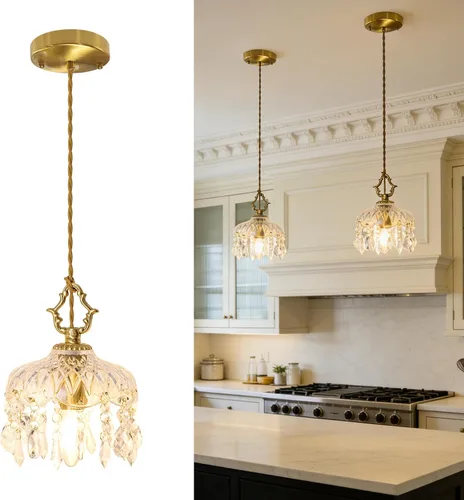 MODIVO Lámpara Colgante de Cristal Vintage con Enchufe - Pequeña Lámpara Colgante Tipo Candelabro con Pantalla de Vidrio y Accesorios de Latón, para