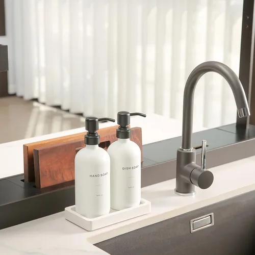 Miniatura 2 de Prus Waso Juego de dispensador de jabón de cocina, dispensador de jabón blanco con bomba de acero inoxidable negro, perfecto para decoración moderna