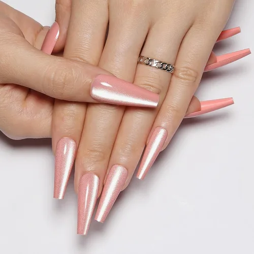 Miniatura 17 de Uñas postizas a presión largas, con brillo azul y diseño, acabado acrílico brillante, de cobertura completa, uñas postizas reutilizables para l002