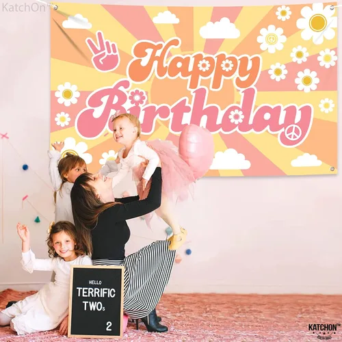 Miniatura 7 de KatchOn, Groovy - Cartel de feliz cumpleaños – 72 x 44 pulgadas Decoraciones de cumpleaños geniales para niños y niñas Groovy Banner telón