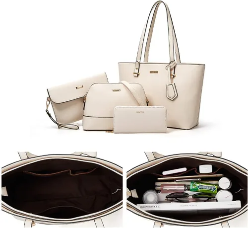 Miniatura 75 de Juego de 4 bolsas modernos para mujer de cuero sintético: bolso tote, bolso de hombro, bolso de mano y cartera.