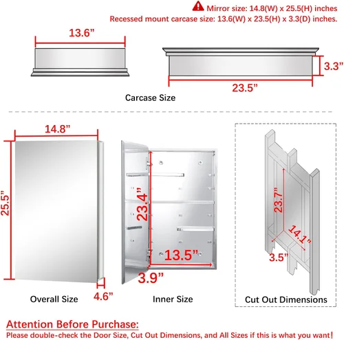 Miniatura 3 de Fundin Armario de pared de baño con estantes de corte medio, gabinete de almacenamiento de acero inoxidable de 14.8 x 25.6, botiquín de baño/sala