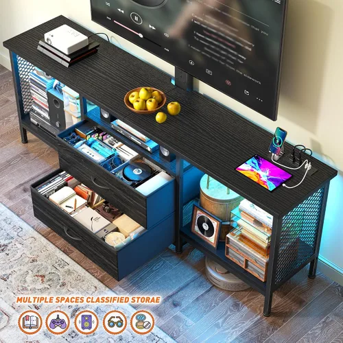 Miniatura 3 de Soporte de TV de 55 pulgadas de ancho con soporte y toma de corriente para TV de 32/45/55/60/65 pulgadas, consola LED giratoria y ajustable con 2