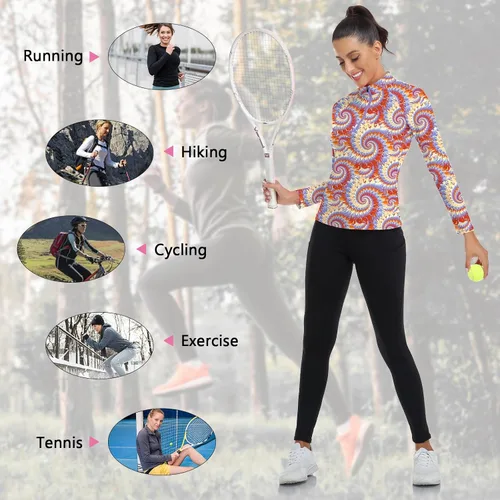 Miniatura 130 de WOWENY Camiseta deportiva de manga larga para mujer, con cremallera de un cuarto, cuello para entrenamiento, camiseta de tenis con estampado