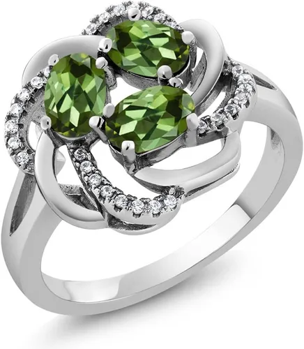 Miniatura 31 de Gem Stone King Flower Blossom Gemstone Birthstone Ring in 925 Sterling Silver 3-Stone Oval 6X4MM with Sparkling Accents Wedding Anniversary