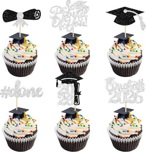 Miniatura 21 de Gyufise 24 piezas Adornos para pastel de graduación 2026 con purpurina negra, clase de 2026, adornos para magdalenas con gorra de graduación