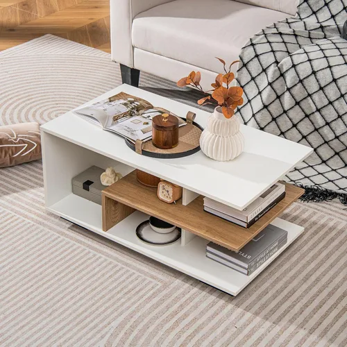 Giantex Mesa decorativa rectangular moderna con estante central en forma de L, mesa de cóctel de 3 niveles para sala de estar (color natural y
