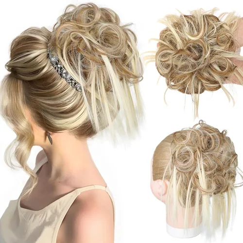 Miniatura 16 de HMD - Extensiones de cabello tipo chongo alborotado con rodelo despeinado, banda elástica de goma, extensiones de cabello sintético para mujer