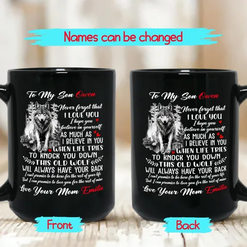 Miniatura 2 de Taza de café personalizada con texto en inglés «To My Son Never Forget That I Love You To Knock You To Knock You Down This Old Wolf Will Have Your