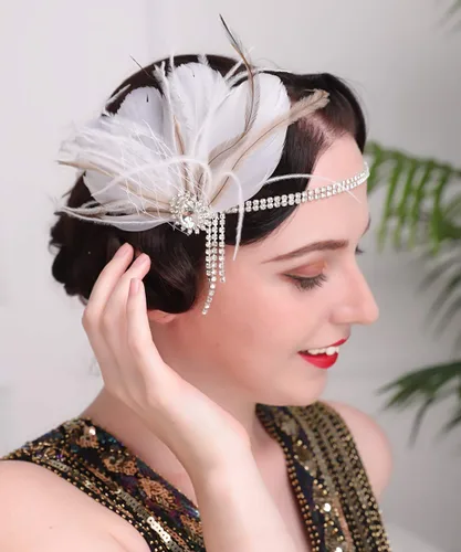 Miniatura 4 de Aimimier Diadema de plumas para novia de los años 20 con cadena de cabeza de cristal, borla de plumas blancas rugientes de los años 20, accesorios