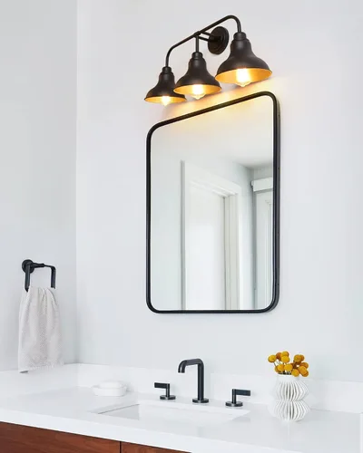 Miniatura 6 de Lámparas de tocador de baño de granja de 25 pulgadas, lámparas de baño de 3 luces sobre espejo, apliques rústicos de pared con pantalla de metal