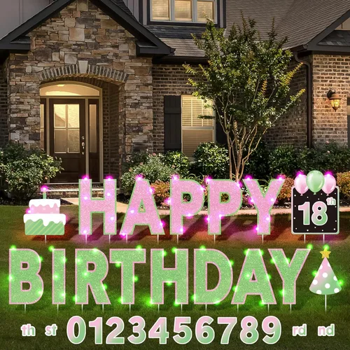 Miniatura 12 de Yerliker 16 piezas de carteles de feliz cumpleaños para patio con estacas, luces LED de 32.8 pies, 42 piezas de adhesivos numéricos, carteles