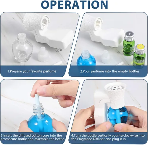 Miniatura 3 de Difusor enchufable de pared con 4 botellas vacías para esparcir aceites esenciales en el hogar, baño (blanco)