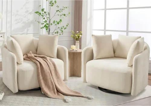 Miniatura 12 de ANJ Juego de 2 sillas giratorias de barril con almohada regordeta, silla decorativa de terciopelo holandés de canal moderno, cómodo sillón redondo