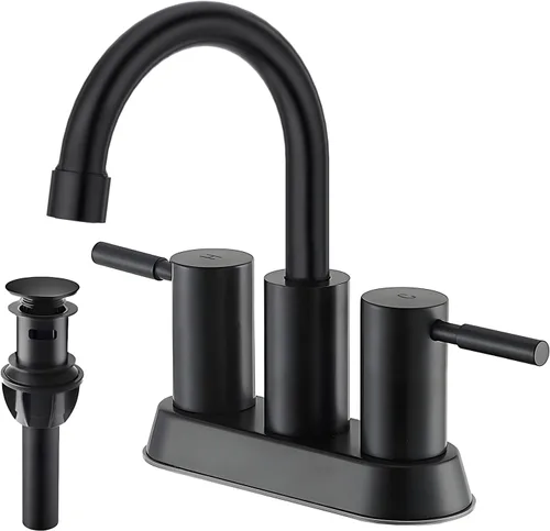 IKEBANA Moderno grifo de baño negro mate, grifo de fregadero central de 2 manijas de 4 pulgadas, boquilla giratoria de arco alto de 360° de acero