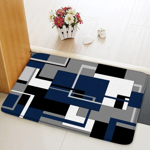 Miniatura 2 de Alfombra de baño geométrica azul negro, blanco y gris, abstracta minimalista de líneas geométricas de mediados de siglo, alfombra de baño, alfombra