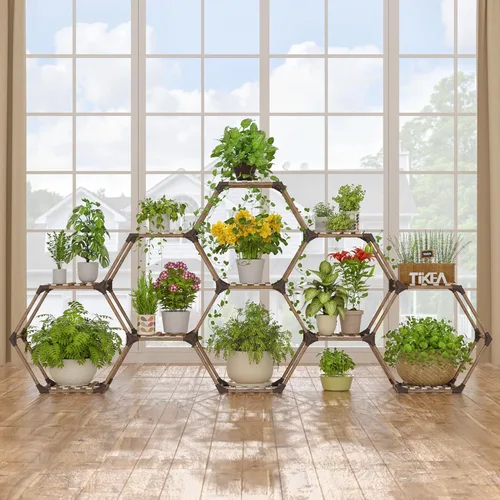 Miniatura 8 de Tikea Soporte para plantas para interiores y exteriores, soporte hexagonal para múltiples plantas, estante grande de madera para plantas, 7 niveles