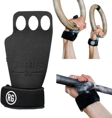 RooGrips Empuñaduras de cuero de alta calidad de 3 dedos para barras de gimnasia, entrenamiento cruzado, gimnasio y entrenamientos en casa, barras