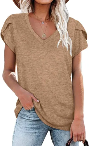 WIHOLL Camisetas casuales de verano con cuello en V y mangas cortas tipo pétalo para mujer