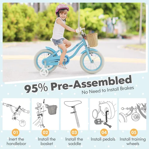 Miniatura 3 de COSTWAY Bicicleta para niños de 14, 16, 18 pulgadas, con ruedas de entrenamiento, canasta, asiento y manubrio ajustables, frenos de mano