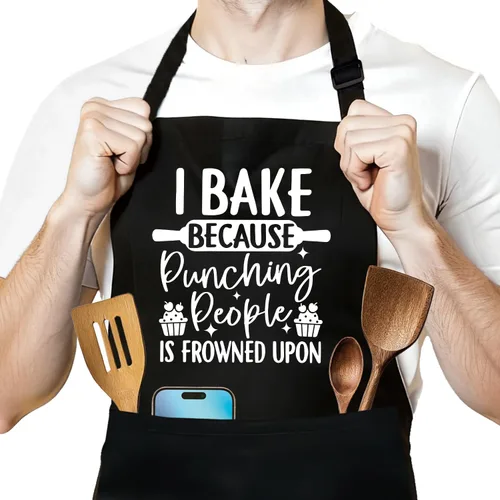 Divertidos delantales para hornear con texto en inglés "I Bake Because Punching People is Frowned Upon", delantales negros de cocina para mujer con