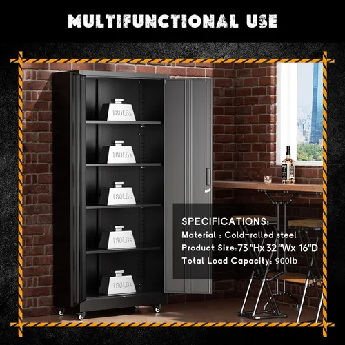 Miniatura 6 de Greenvelly Armario de almacenamiento de metal de 73 pulgadas con ruedas, gabinete de metal negro con cerradura con 2 puertas y 4 estantes