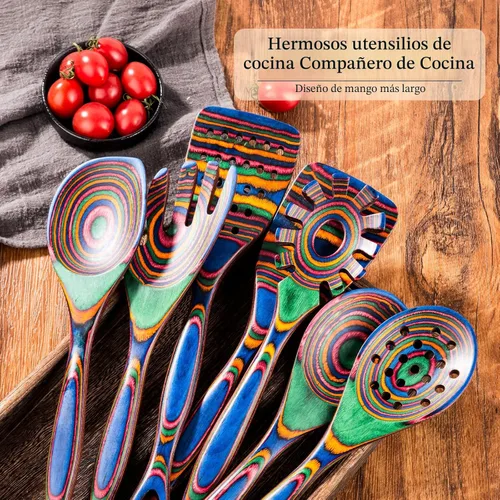 Miniatura 5 de Gudamaye Pakkawood - Utensilios de cocina de madera de 7 piezas, cucharas de madera para cocinar, utensilios de cocina de madera de Pakkawood
