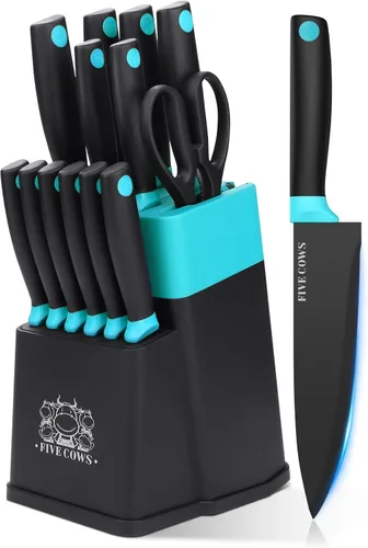 Miniatura 12 de Juego de 14 piezas de bloque de cuchillos de cocina con afilador, cuchillos de chef de acero inoxidable de alto carbono alemán, hoja de afeitar Rojo