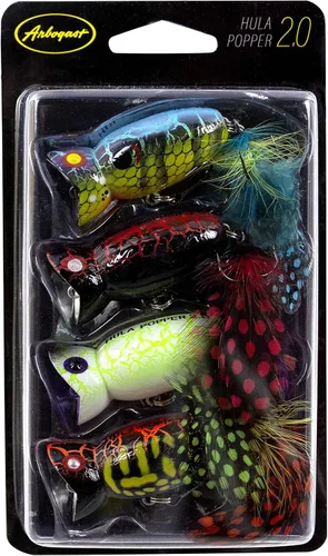 Arbogast Señuelo de pesca Hula Popper 2.0 Topwater con gancho agudo emplumado y cuerpo de patrón de grietas