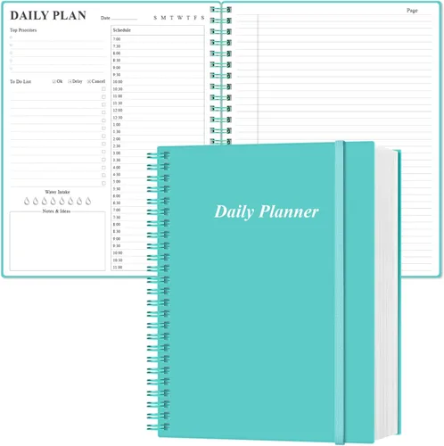 Agenda diaria sin fechas, lista de tareas por hora, 150 hojas/300 páginas, para citas, con espiral, tapa dura de PVC, bolsillo interior, cierre