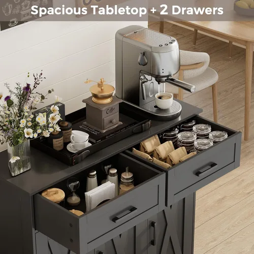 Miniatura 5 de Homhedy Aparador de buffet, gabinete de almacenamiento de barra de café con cajones y puertas, armario de cocina de granja con estantes ajustables