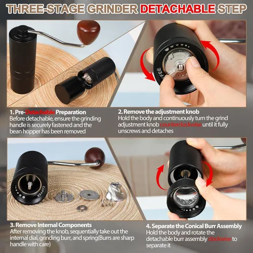 Miniatura 8 de Molinillo de café manual desmontable con rebabas cónicas de acero inoxidable de 25 niveles, molinillo portátil de grano de café de aluminio