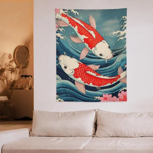 Miniatura 6 de QEOPGNE Tapiz de pared grande con diseño de pez Koi, grandes olas japonesas, flores de cerezo, banderas retro para habitación, sala de estar