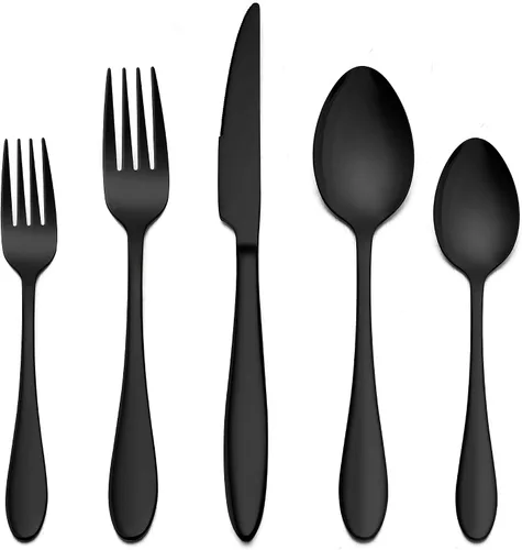 LIANYU Juego de cubiertos negros de 40 piezas para 8, cubiertos de acero inoxidable, utensilios de cocina que incluyen tenedores, cuchillos,