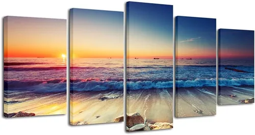 Pyradecor paisaje de mar moderno en 5 paneles HD, impresiones en lienzo, foto del mar y la playa de gran tamaño, obra de arte en lienzo de pared