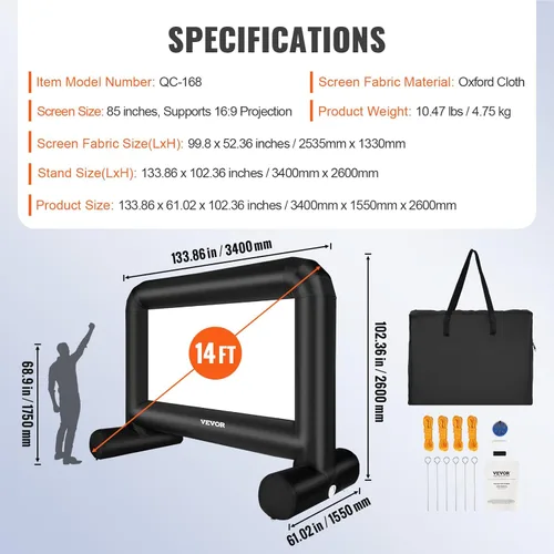 Miniatura 7 de VEVOR Pantalla de cine inflable, pantalla de proyector inflable de 14 pies para exteriores con soplador y bolsa de transporte, proyección