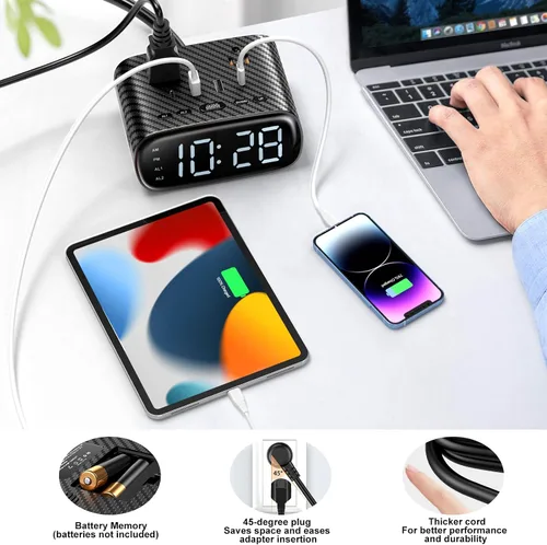 Miniatura 6 de Sussex Reloj despertador con 2 USB-C, 2 cargadores USB-A, 2 tomas de corriente, 2 tomacorrientes, pantalla LED, reloj digital regulable con función