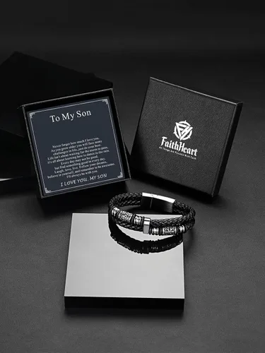 Miniatura 4 de FaithHeart Pulsera vikinga para hombre, pulsera de cuero trenzado de doble fila con cierre de acero inoxidable, brújula vikinga, pulsera vintage