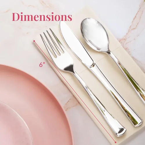 Miniatura 3 de Prestee Juego de 300 piezas de cubiertos de plástico resistentes - 100 de cada uno tenedores de plástico plateado, cucharas, cuchillos - Cubiertos
