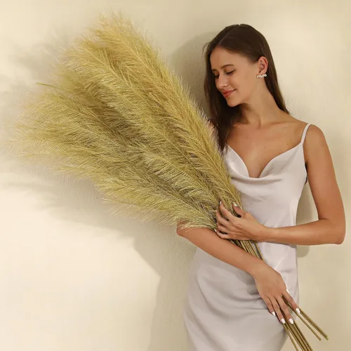 Miniatura 24 de 8 piezas de 45 pulgadas de alto, decoración de hierba de pampa sintética grande color beige pomposo, pompas largas falsas para relleno de jarrón