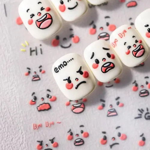 Miniatura 3 de Dedyel Calcomanías de uñas de sonrisa, lindas calcomanías de uñas de dibujos animados 5D en relieve de cara sonriente, calcomanías de uñas Kawaii