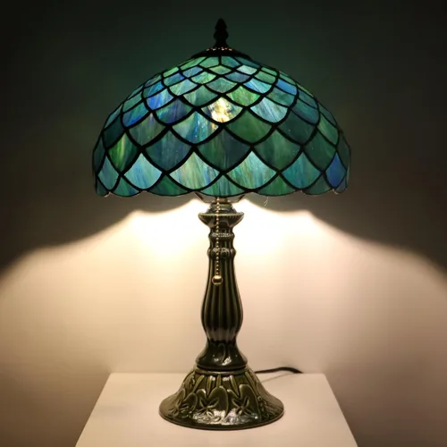 Miniatura 7 de Tiffany Style Stained Glass Table Lamp 18.5 Inch - Blue Fish Scales 12X12X18.5 Inch, E26 Bulb Base，Pull Chain Switch, Ceramic Base, Bedside