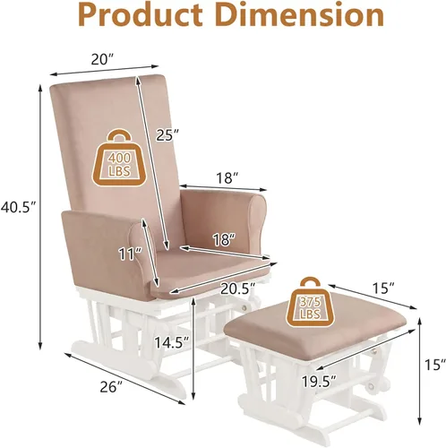 Miniatura 7 de Costzon Juego de mecedora y otomana, muebles de madera para bebé, para siesta y lectura, enfermería, silla mecedora cómoda tapizada limpiable
