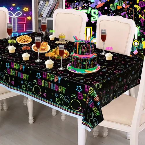 Miniatura 6 de Paquete de 3 suministros para manteles de fiesta que brillan en la oscuridad, mantel desechable de plástico neón, mantel rectangular con estampado