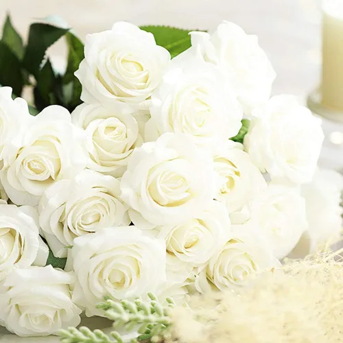Miniatura 9 de AMZALI Flores artificiales, rosa falsa de aspecto real, tallo largo, flores artificiales de seda, decoración del hogar para ramo de novia, centros